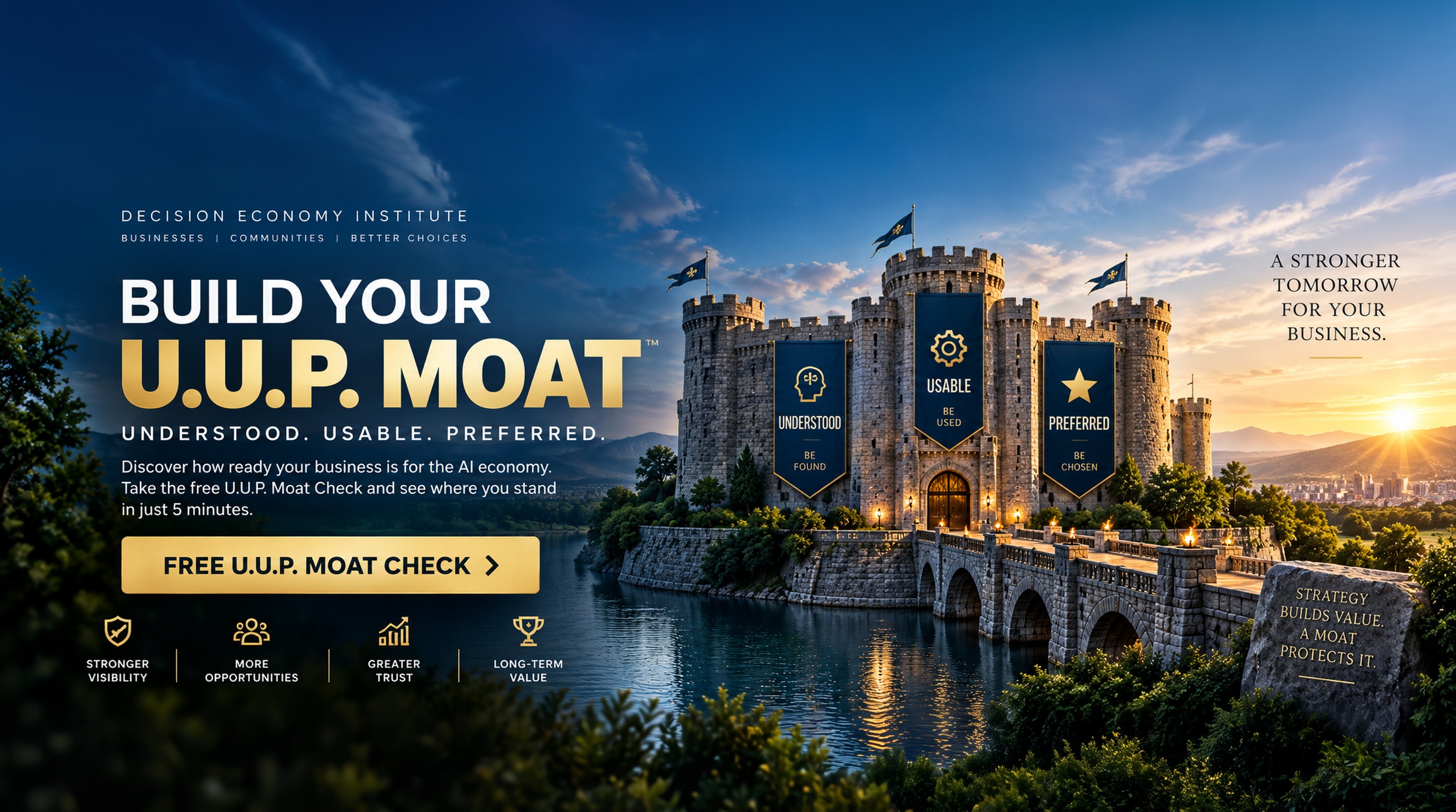 Castle with Understood, Usable and Preferred banners surrounded by a moat — Build Your U.U.P. Moat